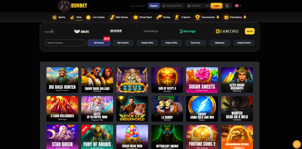 DonBet Casino and sportsbook showing welcome bonus options and payment methods