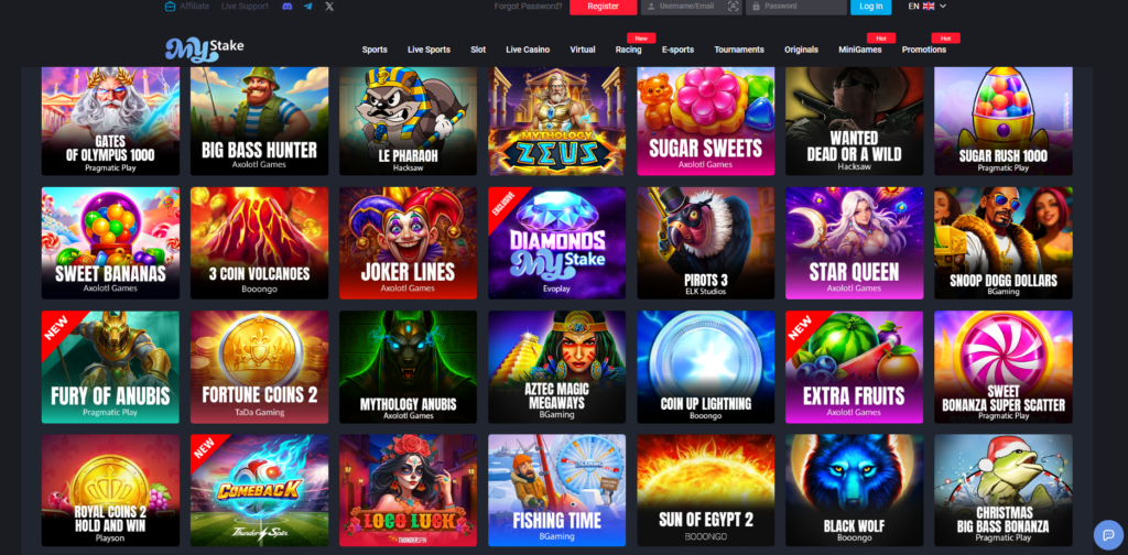 MyStake Casino lobby showing game categories, sportsbook and crypto payment options