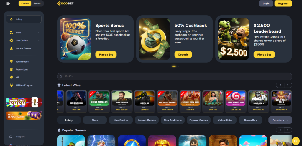 CocoBet Casino interface displaying crypto deposit options and cashback promotion