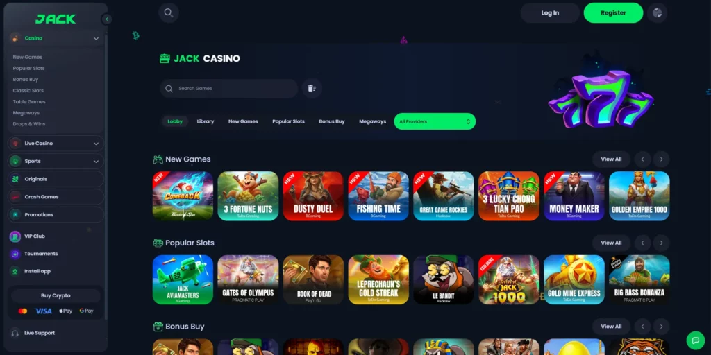 JACK Casino homepage showing crypto banking options and sportsbook interface